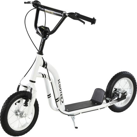 Trottinette enfants, grandes roues pneumatiques 12 pouce en caoutchouc, charge 100 kg, trottinette tout terrain avec double freins, hauteur réglable et béquille latérale, 5 à 12 ans, blanc