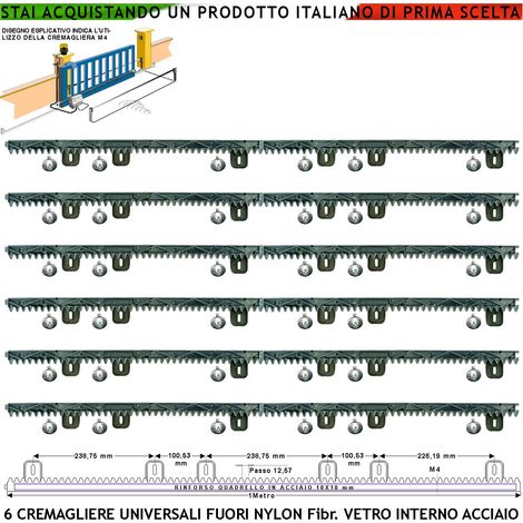 Asta Cremagliera M4 Antiusura Universale 6 Pezzi da 1 Metro in Nylon Antirumore Interno Acciaio Portata Garantita 6 Q.li Max 10 Q.li 6 Bulloni X Metro Ricambio Cancello Scorrevole Giunture a Incastro (1/4)