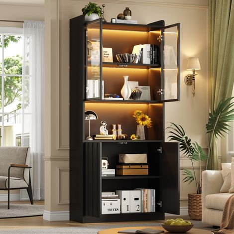 Vitrine haute 80x35x200 cm en panneaux de particules et verre trempé noir, LED, pour salon – MEUBLIV (1/5)