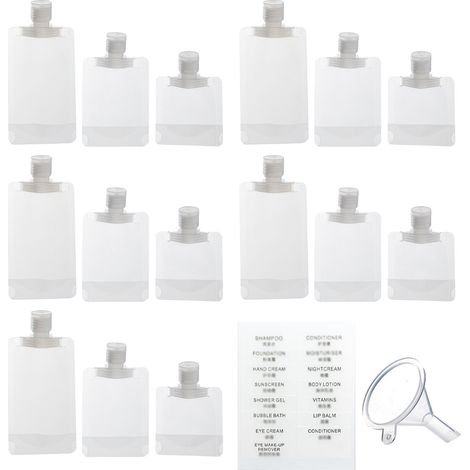 15 Sacs de voyage, bouchon à vis, plastique léger, 30ml 50ml 100ml, pour shampooing lotion cosmétiques (1/5)