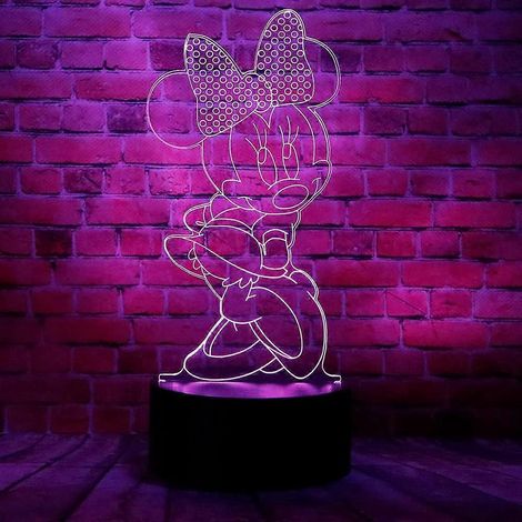 Lampe de table LED en acrylique représentant Mickey et Minnie, inspirée des dessins animés de souris, avec illusion d'optique 3D et télécommande. Disponible en 7 couleurs.