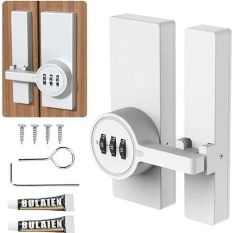 Sliding door lock, three-digit combination lock with adhesive and screws, 180° deadbolt, ideal for garden, outdoor, garages, cabinets and drawers. Installation (1/5)
