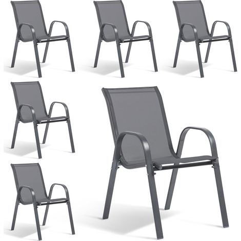 Terre Jardin – Lot de 6 chaises de jardin empilables en textilène – Acier et textilène – Charge maximale 150 kg – Dimensions 54x72x90 cm