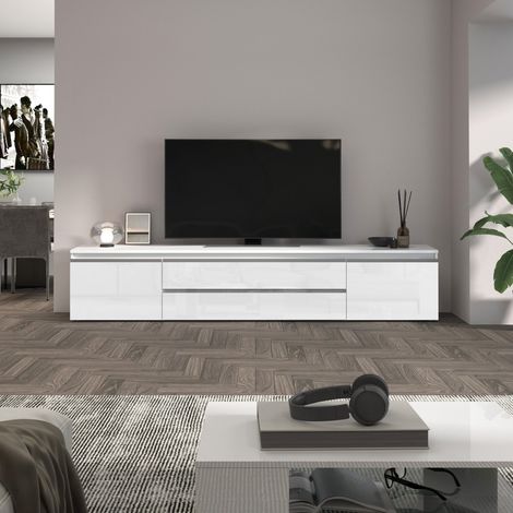 WHOUS Mobile porta TV Magic con 2 ante laterali 2 cassetti centrali bianco lucido 240x40x55 cm (1/5)