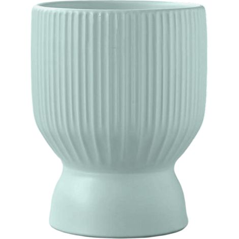 Pot de fleurs en céramique avec soucoupe intégrée, design cylindrique, hauteur 13 cm, motif rainuré et côtelé. (1/5)
