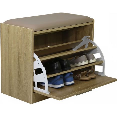 Marvin Scarpiera Panca da Ingresso Portascarpe Salvaspazio in Legno Seduta con Cuscino Anta a Ribalta per Corridoio o Camera 60x30x48 cm Rovere / Cuscino Tortora