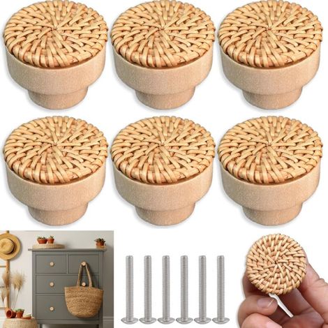 SABIR Lot de 6 boutons de meuble en rotin - Style bohème - Pour armoires de cuisine 34cm (1/5)