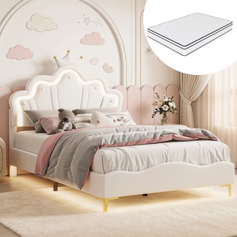 Lit fille 140x190 cm - Lit rembourré double - Tête de Lit Couronne Princesse - Lit Enfant avec LED - Sommier à Lattes- PU - Blanc,Matelas inclus