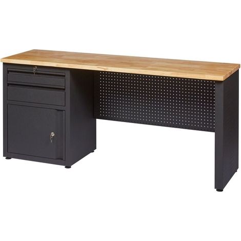 Établi d'atelier 180x82x54cm – Plateau en bois d'hévéa 30mm – Châssis métallique noir – Charge max 400kg – 2 tiroirs avec serrure – Feroce