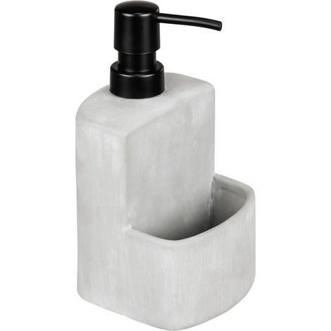 1 Distributeur de savon, Béton gris, Pompe noire, Capacité 380 ml, Rangement éponge, Pour cuisine et salle de bain (1/5)