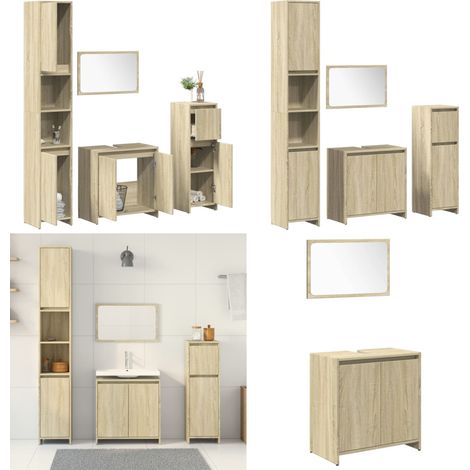 Juego de muebles de baño 4 pzas contrachapada roble Sonoma - Armario de baño - Espejo de baño