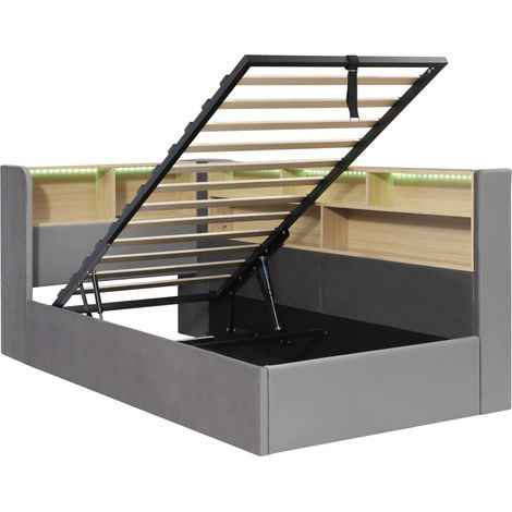 Bettbank 90x200 cm mit Stauraum, LED, USB und Rückenlehne, grauer Samt, MODENUIT (1/5)