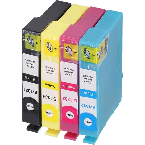 Cartouches d'encre (4 pièces) : noir, cyan, magenta, jaune. Cartouches d'encre transparentes, précises et résistantes à la décoloration pour imprimante à stylet T1381, T1332, T1333 et T1334. (1/5)