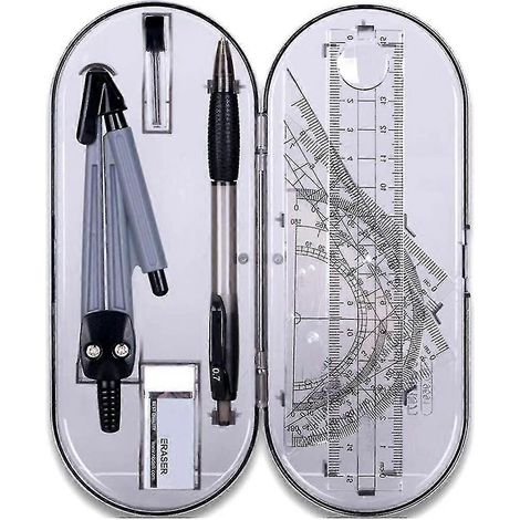Kit de géométrie avec harpe, kit de géométrie mathématique, fournitures scolaires et boîte de rangement incassable, comprenant un rapporteur, une harpe et un crayon. (1/2)