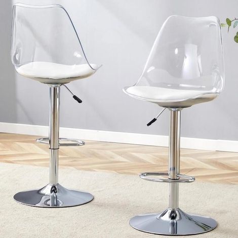 Lot de 2 tabourets réglables, dossier transparent, assise blanche en PU, pieds métal argenté, pivotants à 360°, 45,7x53,3cm, argent (1/5)