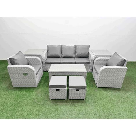 Fimous PE Rattan Garden Furniture Set Reclining Chair Sofa Lounge Sofa Set Rectangular Coffee Table 2 Side Table 2 Small Stools Light Grey (1/5)