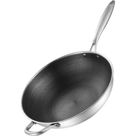 Wok en acier inoxydable à double face alvéolée à 3 couches antiadhésives et facile à nettoyer, 32 cm (12,6 po) (sans couvercle et avec anses) (1/5)