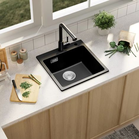 Évier de cuisine en granit et quartz  ,modèle moderne et épuré, composé à 80 % de sable de quartz, évier à cuve unique à encastrer (avec siphon) (1/5)