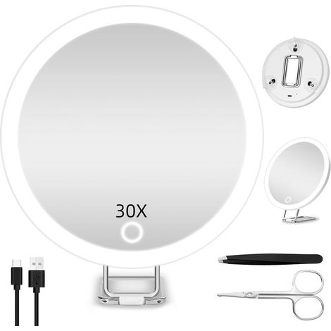 Miroir grossissant 30X avec éclairage, 3 Couleurs d'éclairage, Miroir de Maquillage Lumineux Rechargeable de 15 cm, Miroir de Voyage Portable grossissant 30X pour Les travaux de précision (1/5)