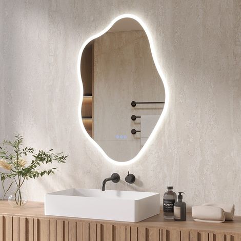 AQUABATOS Asymmetrischer LED Badspiegel 90 x 60 cm Spiegel mit Beleuchtung unregelmäßiger Wandspiegel Antibeschlag Dimmbar 3 Lichtfarben Wolkenform (1/5)