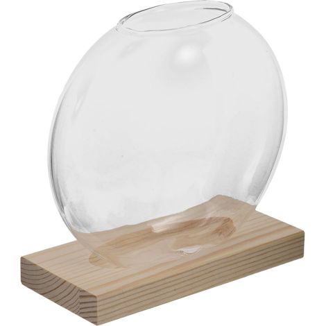 Vase à Fleurs Hydroponiques en Verre avec Support en Bois, Rond, pour Petites Plantes Hydroponiques et Plantes Araignées, Décoration de Bureau à Domicile, Niveau d'eau Visible (1/5)