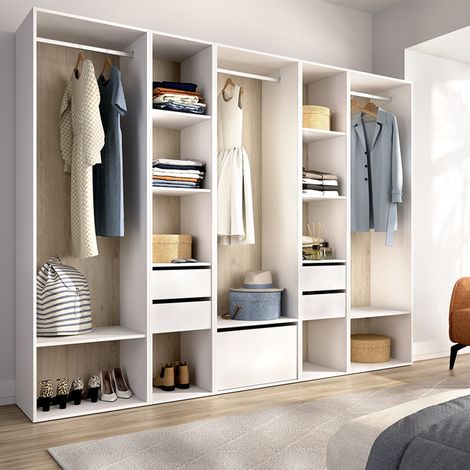 Großer Tequesta-Kleiderschrank, Schlafzimmer-Schrank 11 Regale, Kleiderstange, 4 Schubladen, 45x205h cm Weiß (1/5)