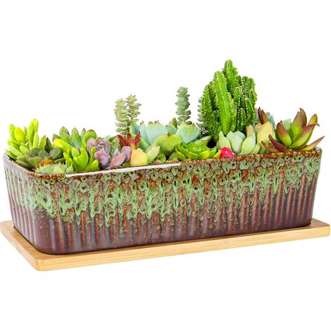 pot de fleurs rectangulaire en céramique de 12 cm avec plateau de drainage, pour cactus d'intérieur, plantes grasses, bonsaï peu profond, décoration de jardin (blanc) (1/5)