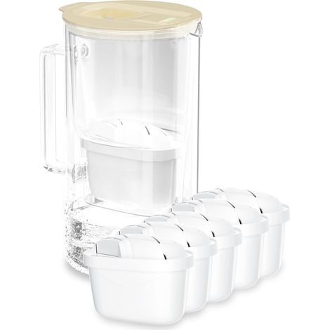 carafe filtrante d'eau avec compteur LED, 2 litres, carafe en verre, carafe eau compacte avec 5 cartouche filtrante à charbon actif, sans BPA - Beige (1/5)