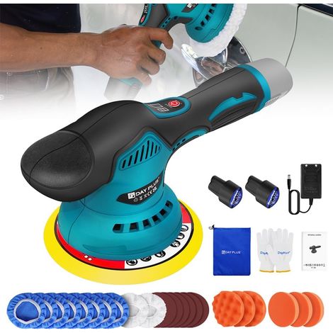 Machine à Polir Polisseuse Voiture sans Fil Polisseuse Excentrique à Double Action, 8 Vitesses Variable, avec 2X Batteries, Polissage Pad et Papier de Verre, pour Le Polissage, Cirage, Ponçage