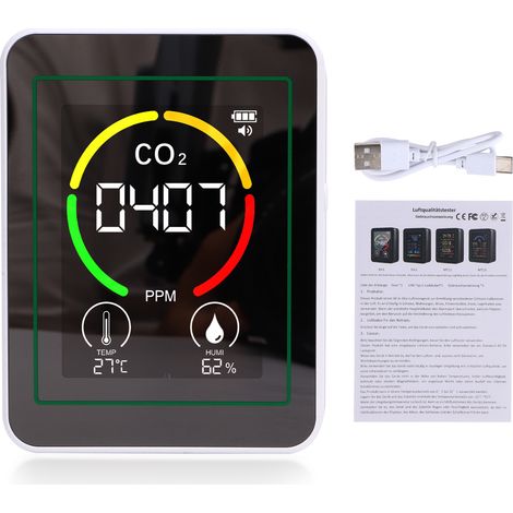 Détecteur qualité air 3‑en‑1 : surveillance CO₂, humidité et température en temps réel. Écran couleur 2,8 pouces, fonction calibrage, moniteur portable intérieur blanc pour maison, bureau et salle de  (1/5)