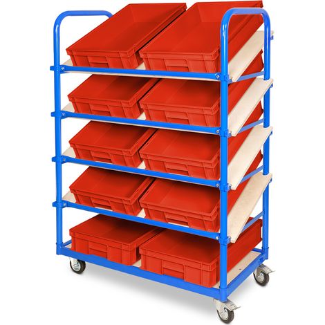 BRB Schrägboden-Regalwagen BxTxH 1050x500x1450 mm, mit 5 Ebenen, 2 Lenk-/2 Bockrollen, bestückt mit 10 Euroboxen BxTxH 600x400x120 mm (rot)