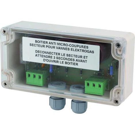 Boîtier anti micro coupure 8 à 30 W – Maintien électrovanne ouvert 300ms à 3s – Tension 220V AC 50Hz – Fusible 1A – Elektrogas