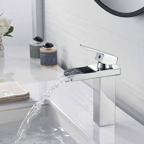 Chrom-Wasserfall-Badezimmerarmatur, moderner quadratischer Messing-Waschtischmischer, weit verbreiteter Badezimmer-Waschbeckenhahn, silberner Handwaschhahn, heißes und kaltes Wasser, G3/8 (1/4)