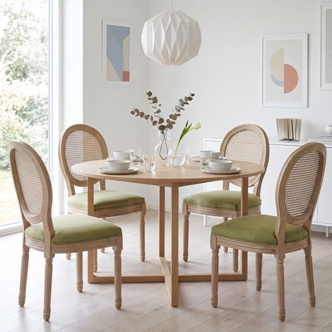 Lot de 4 Chaises Bois Massif - Dossier confortable Rotin Assise Lin Rembourrée, finition vieillie - style campagnard, vert olive (1/5)