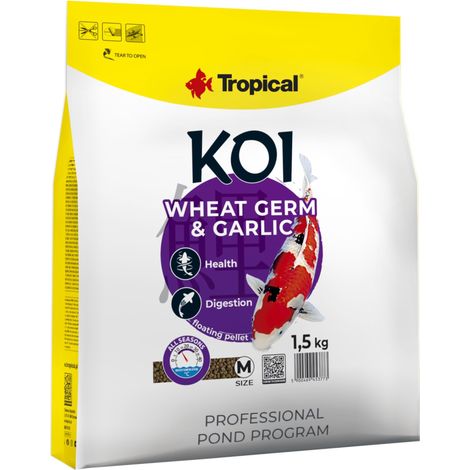 KOI WHEAT GERM & GARLIC PELLET SIZE M 5L / 1,5kg - mangime per piccoli pesci da laghetto, mangime quotidiano per koi, range di temperatura dell'acqua da 8 a 30°C. (1/2)