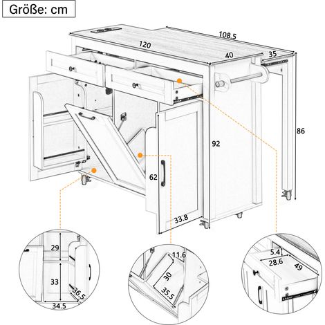 Kücheninsel auf Rollen, Ausziehbarer Essbereich Kücheninsel mit Arbeitsplatte und Abfallbehälterfach, Mobile Kücheninsel freistehend mit Steckdosenleisten, Ideal für Küche und Esszimmer (Schwarz) (1/5)