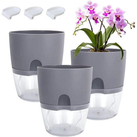 Juego de 3 macetas de interior con autorriego, orificios de drenaje y depósito de agua, macetas pequeñas de plástico para plantas y hierbas (gris) (1/5)