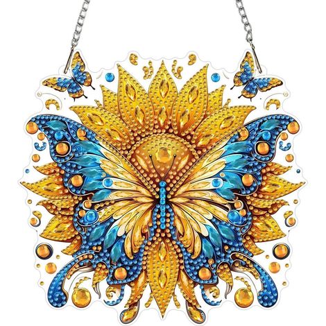 5D Diamant Malerei Anhänger Schmetterling Sonnenblume mit Kette, Fensterbild Bastelset