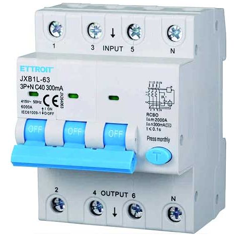 Differentialschutzschalter 3P+N 40A 6kA 300mA 380V belegt 4 DIN-Module Ettroit JX264063
