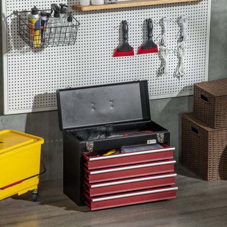 Coffre à outils avec 4 tiroirs, serrure, acier noir et rouge, 51 x 22 x 39,5 cm, rangement mobile sécurisé - CHICFURN (1/5)