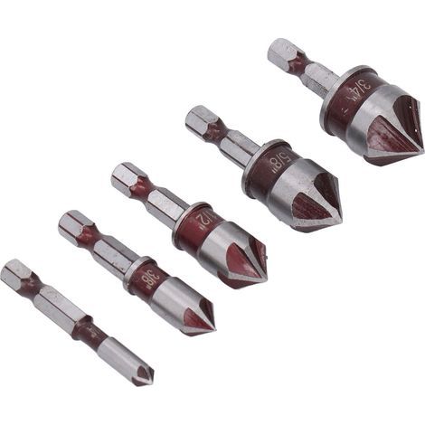 Jeu de forets à fraise 1/4 3/8 1/2 5/8 3/4 pouces, 5 cannelures 1/4 pouces, tige hexagonale pour accessoires de pièces électriques en bois (1/5)