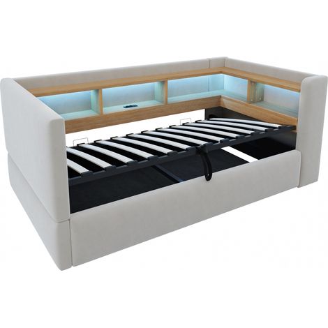 GagaCanapé-lit capitonné 90x190 cm LED prises gris clair (1/5)