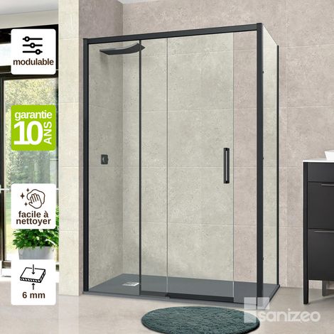 Pare douche porte coulissante et paroi latérale DROITE, L.108xl112l.80H195 cm - Verre Trempé 6mm Easy Clean Noir Mat - Vézannes 2PL SUPERBAN (1/4)