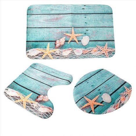 Tapis de bain 3 pièces avec coquillages, étoiles de mer et sable (1/5)