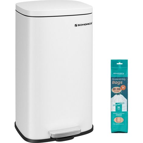 Poubelle Cuisine 30 L, Poubelle Bureau, Fermeture en Douceur, avec Pédale, en Acier, Seau Intérieur, Blanc LTB03WT (1/5)