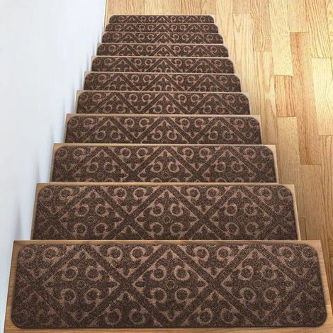 Marches d'escalier - Lot de 15 marches d'escalier antidérapantes 20 x 76 cm/Tapis de protection autocollants,Marron (1/5)