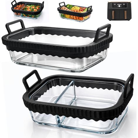 Lot de 2 plats à gratin Airfryer pour friteuse à air chaud 2 chambres, accessoires en verre, sans BPA, anneau en silicone amovible (1/5)