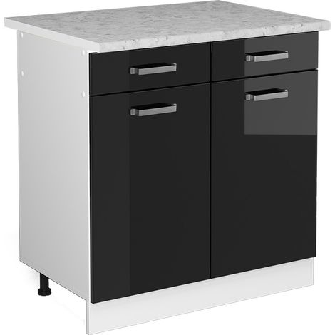 Unterschrank R-Line, Schwarz Hochglanz, 80 cm mit Schubladen und Türen, mit Arbeitsplatte, Vicco