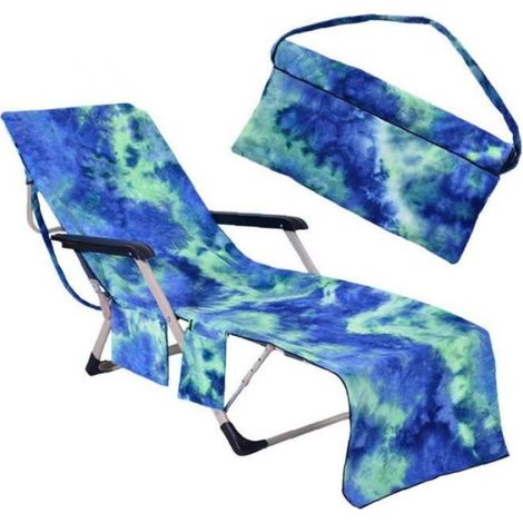 Serviette De Chaise De Plage - Microfibre - 210x75 Cm - Avec 4 Attaches Élastiques Et Poches Latérales - Bleu (1/4)