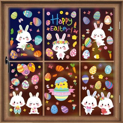 Adesivi pasquali per finestre, confezione da 9 fogli - 20×30 cm - Adesivi statici pasquali per finestre - Decorazioni pasquali - Adesivi pasquali per finestre - Uova di Pasqua bifacciali (1/5)